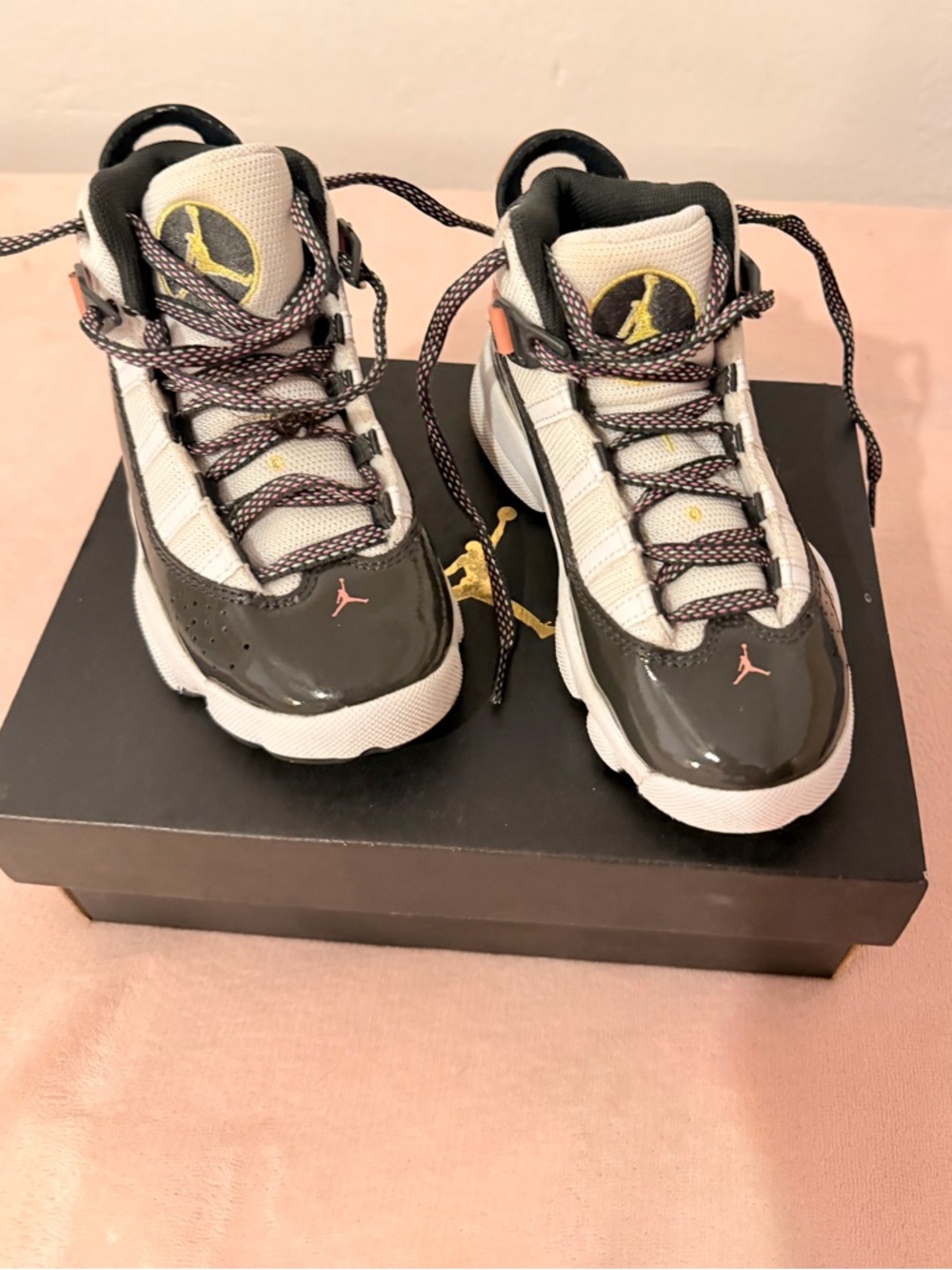 Jordan Kids' Basketball Sneakers in White, Black & Pink